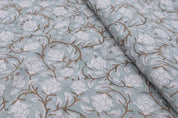 Aristan Hand Block Print Blue Floral Pure Linen 58W Fabric - Amritvela