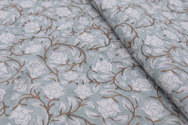 Aristan Hand Block Print Blue Floral Pure Linen 58W Fabric - Amritvela
