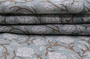 Aristan Hand Block Print Blue Floral Pure Linen 58W Fabric - Amritvela
