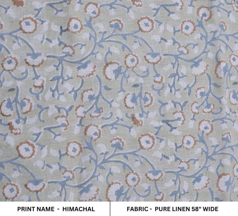 Premium Hand Block Print Bluish Floral Pure Linen Fabric - Himachal