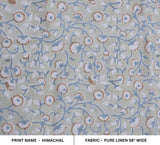Premium Hand Block Print Bluish Floral Pure Linen Fabric - Himachal