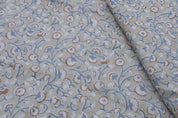 Premium Hand Block Print Bluish Floral Pure Linen Fabric - Himachal