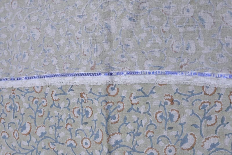 Premium Hand Block Print Bluish Floral Pure Linen Fabric - Himachal