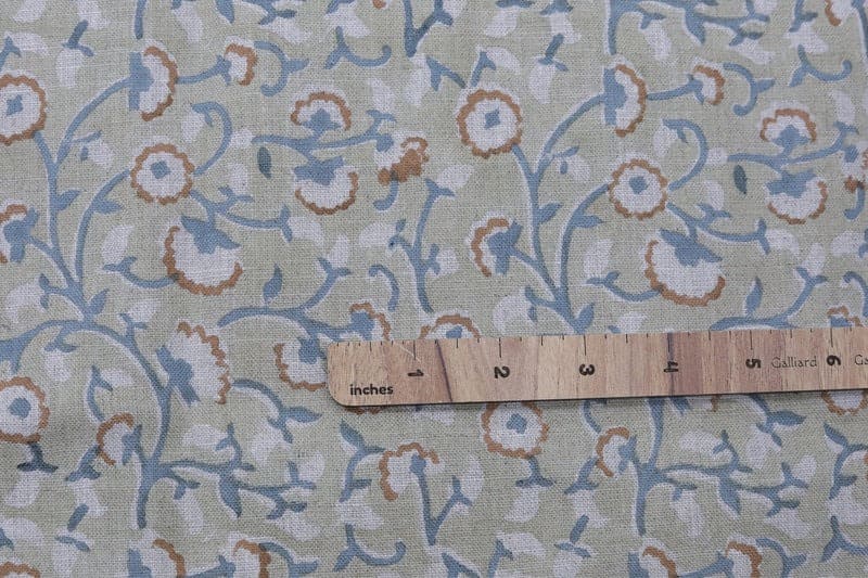 Premium Hand Block Print Bluish Floral Pure Linen Fabric - Himachal