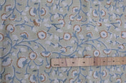 Premium Hand Block Print Bluish Floral Pure Linen Fabric - Himachal