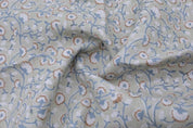 Premium Hand Block Print Bluish Floral Pure Linen Fabric - Himachal