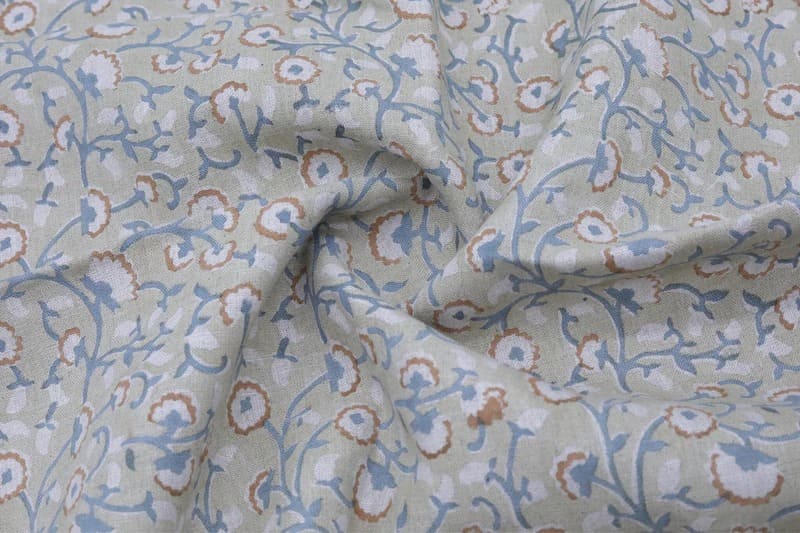 Premium Hand Block Print Bluish Floral Pure Linen Fabric - Himachal