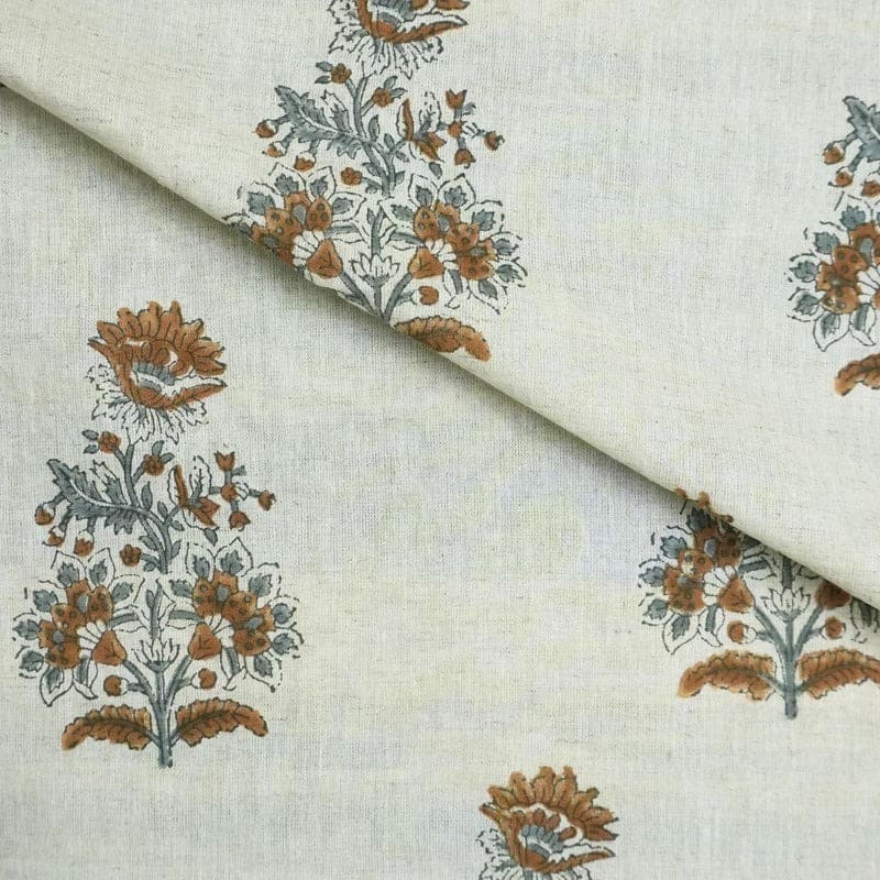 Premium Hand Block Print Brown Cotton Linen Fabric - Goverdhan