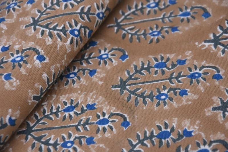 Premium Hand Block Print Brown Thick Cotton White Fabric - Neel Gagan
