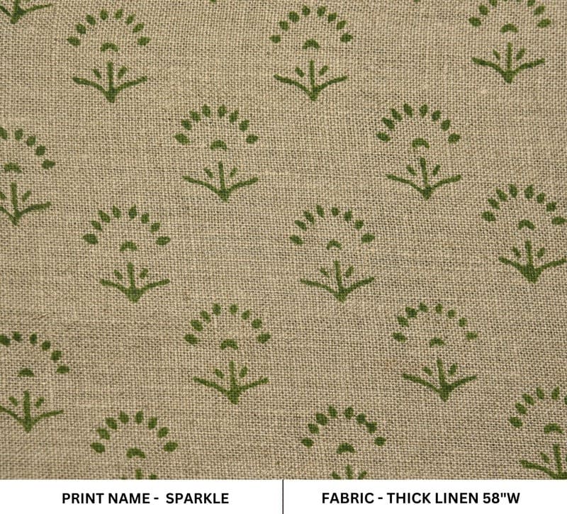Premium Hand Block Print Green Thick Linen Fabric - Sparkle