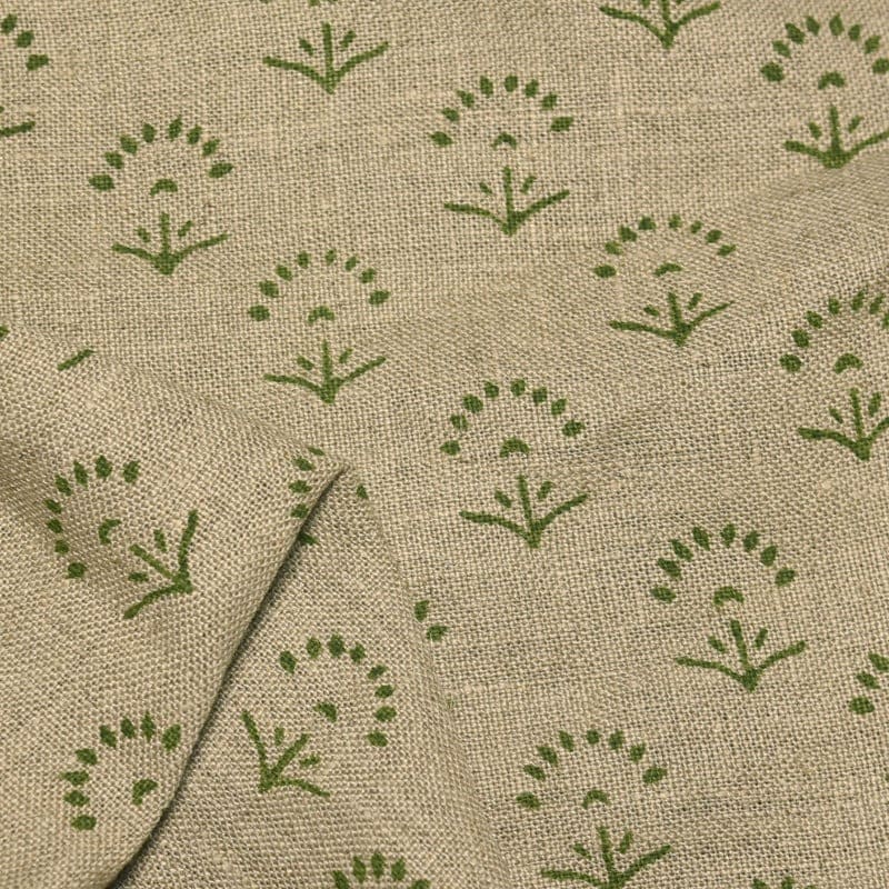 Premium Hand Block Print Green Thick Linen Fabric - Sparkle