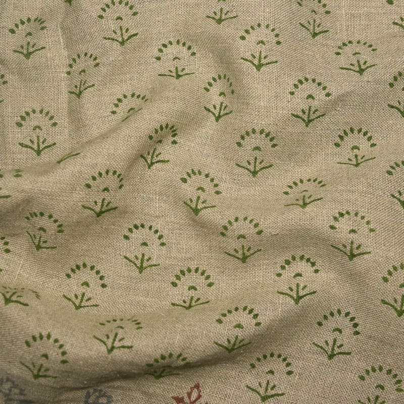 Premium Hand Block Print Green Thick Linen Fabric - Sparkle