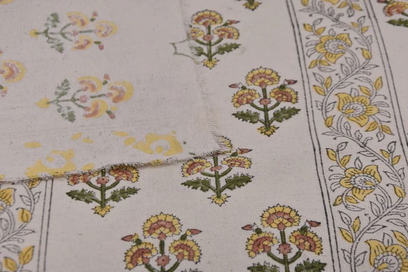 Handcrafted Block Print Mustard Duck Canvas Fabric - Traffic Border