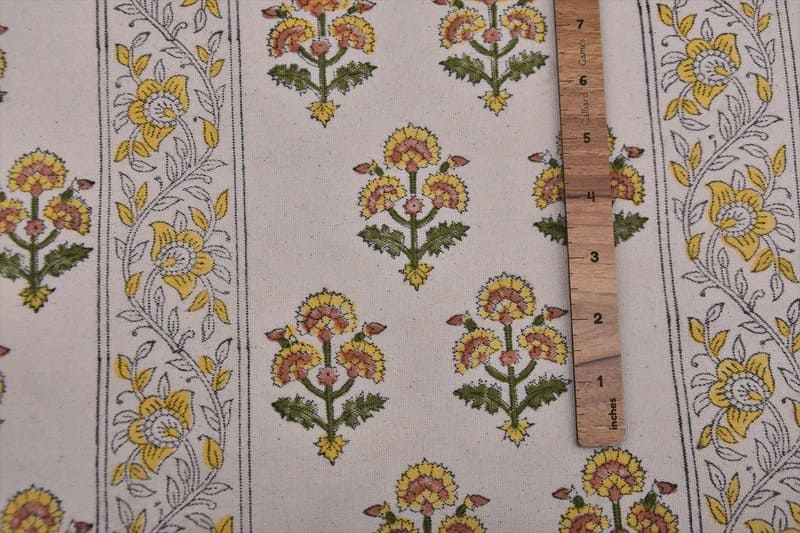 Handcrafted Block Print Mustard Duck Canvas Fabric - Traffic Border