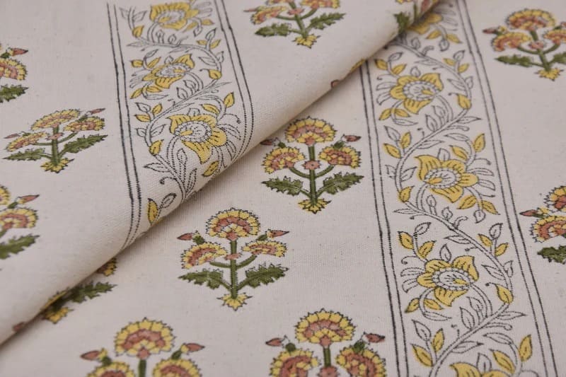 Handcrafted Block Print Mustard Duck Canvas Fabric - Traffic Border