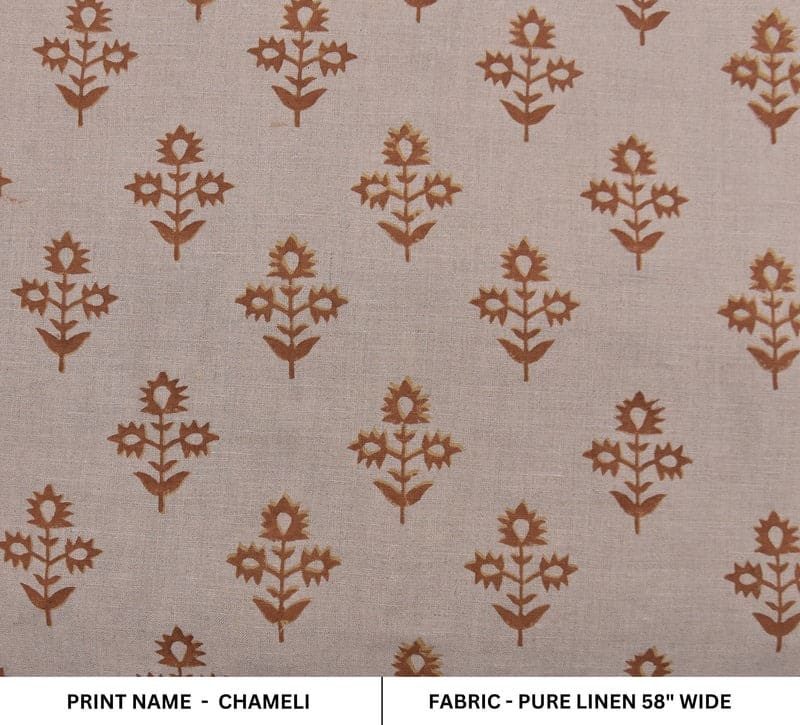 Premium Hand Block Print Mustard Pure Linen 58 W Fabric - Chameli