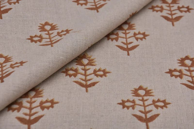 Premium Hand Block Print Mustard Pure Linen 58 W Fabric - Chameli
