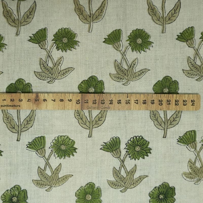 Handcrafted Block Print Green Floral Pure Linen Fabric- Kirti