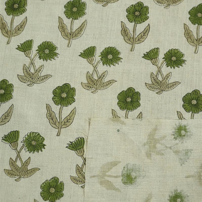 Handcrafted Block Print Green Floral Pure Linen Fabric- Kirti