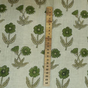 Handcrafted Block Print Green Floral Pure Linen Fabric- Kirti