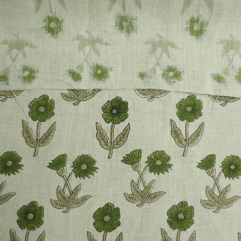 Handcrafted Block Print Green Floral Pure Linen Fabric- Kirti