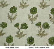 Handcrafted Block Print Green Floral Pure Linen Fabric- Kirti