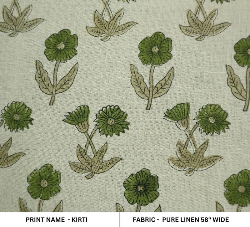 Handcrafted Block Print Green Floral Pure Linen Fabric- Kirti