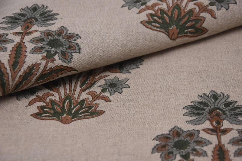 Premium Hand Block Print Gray Floral Pure Linen Fabric - Morpankh