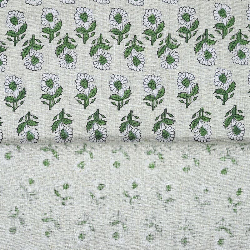 Premium Hand Block Print Green Pure Linen 58w Fabric - Ashok