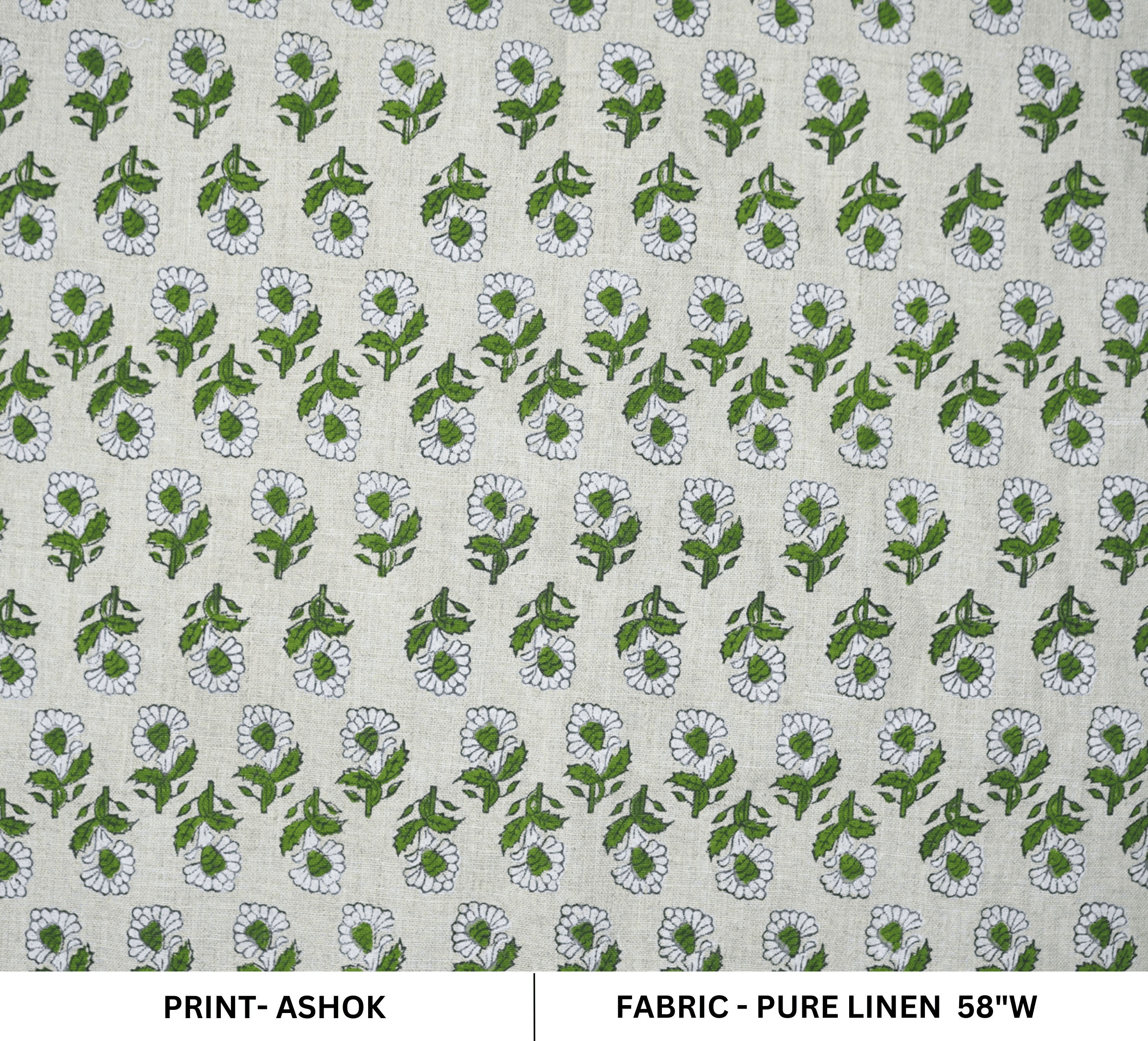 Premium Hand Block Print Green Pure Linen 58w Fabric - Ashok