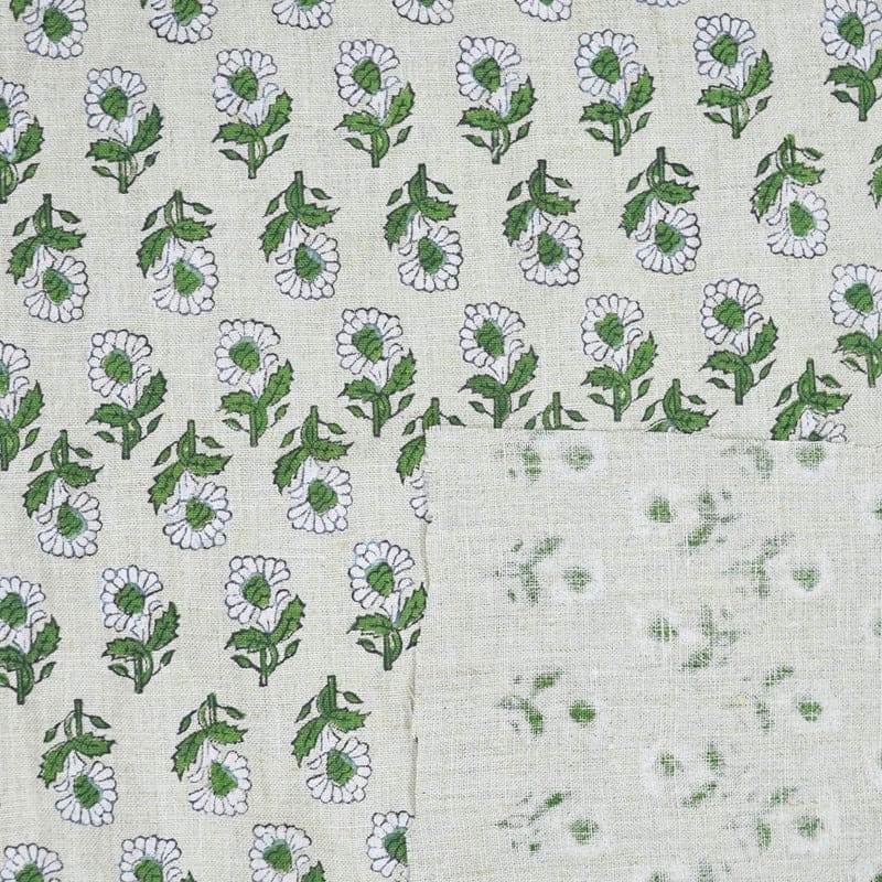 Premium Hand Block Print Green Pure Linen 58w Fabric - Ashok