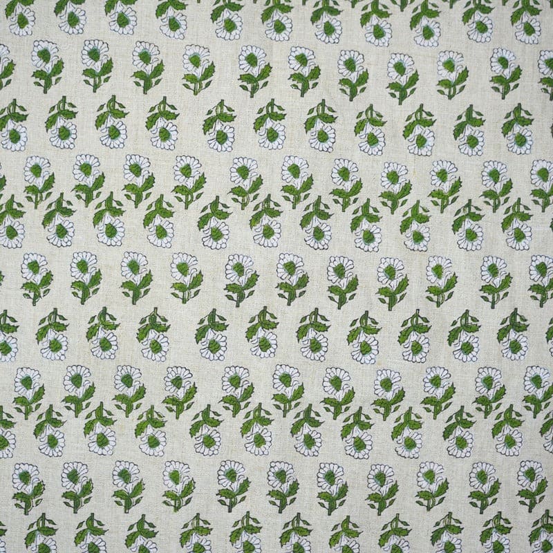 Premium Hand Block Print Green Pure Linen 58w Fabric - Ashok