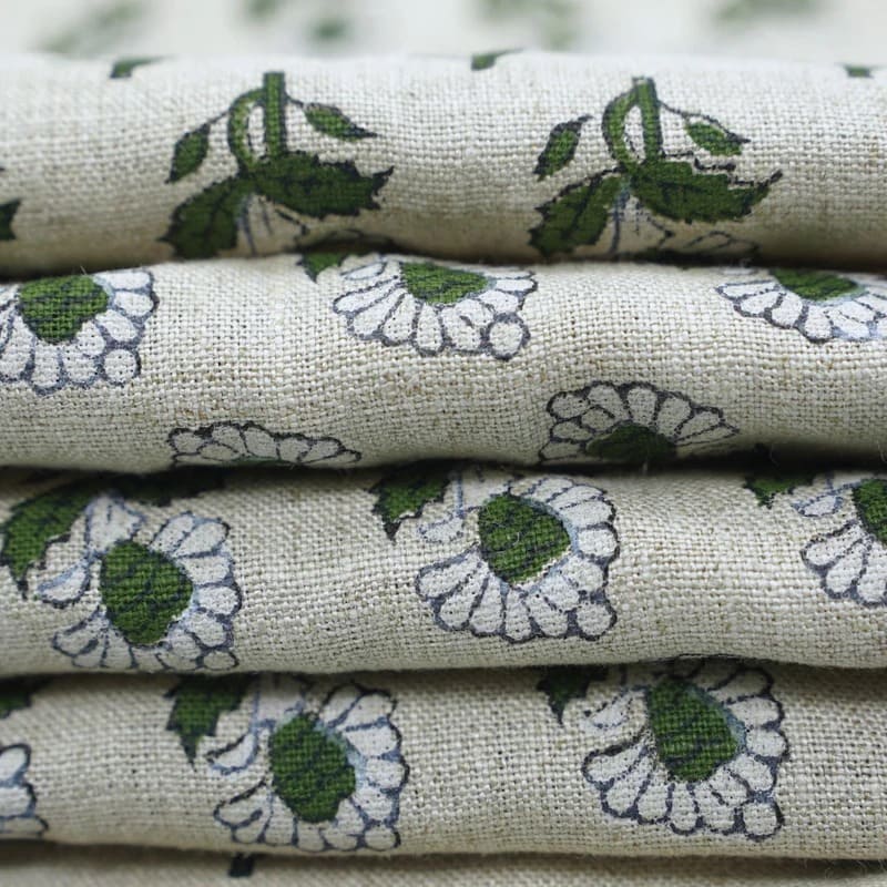 Premium Hand Block Print Green Pure Linen 58w Fabric - Ashok