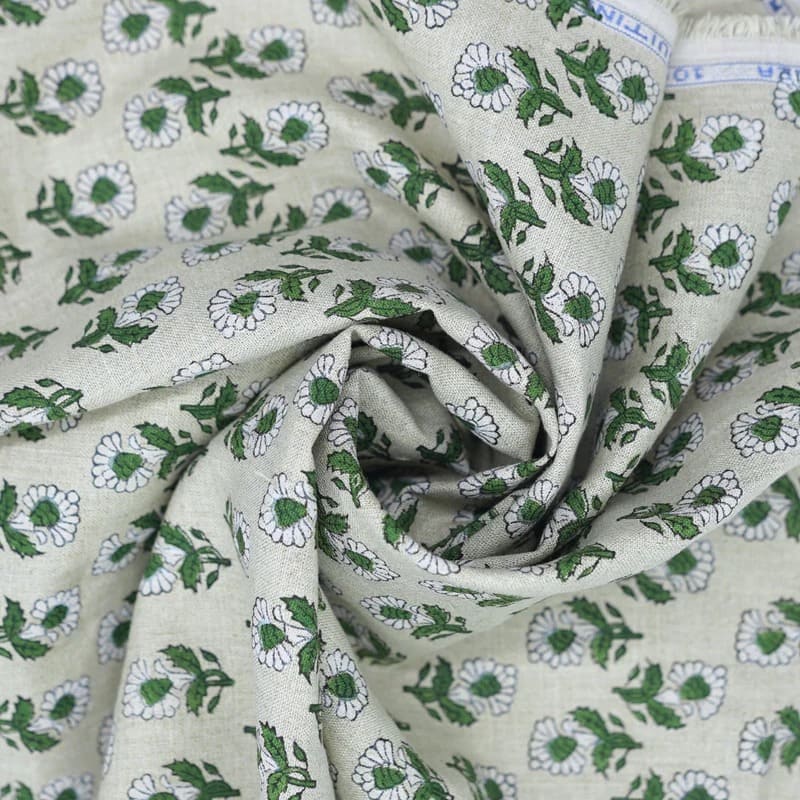 Premium Hand Block Print Green Pure Linen 58w Fabric - Ashok