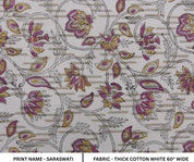 Premium Handmade Block Print Purple Thick Cotton White Fabric - Saraswati