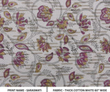 Premium Handmade Block Print Purple Thick Cotton White Fabric - Saraswati