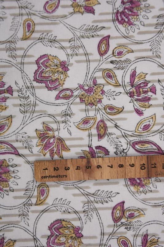 Premium Handmade Block Print Purple Thick Cotton White Fabric - Saraswati