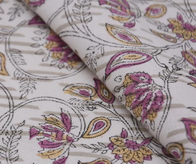 Premium Handmade Block Print Purple Thick Cotton White Fabric - Saraswati