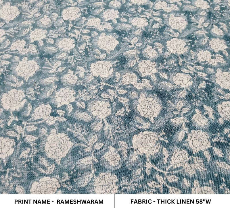 Hand Block Print Gray Thick Linen Fabric For Sofa Cover - Rameshwaram