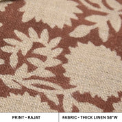 Close-up of fabric with leaf pattern and text indicating print name Rajat