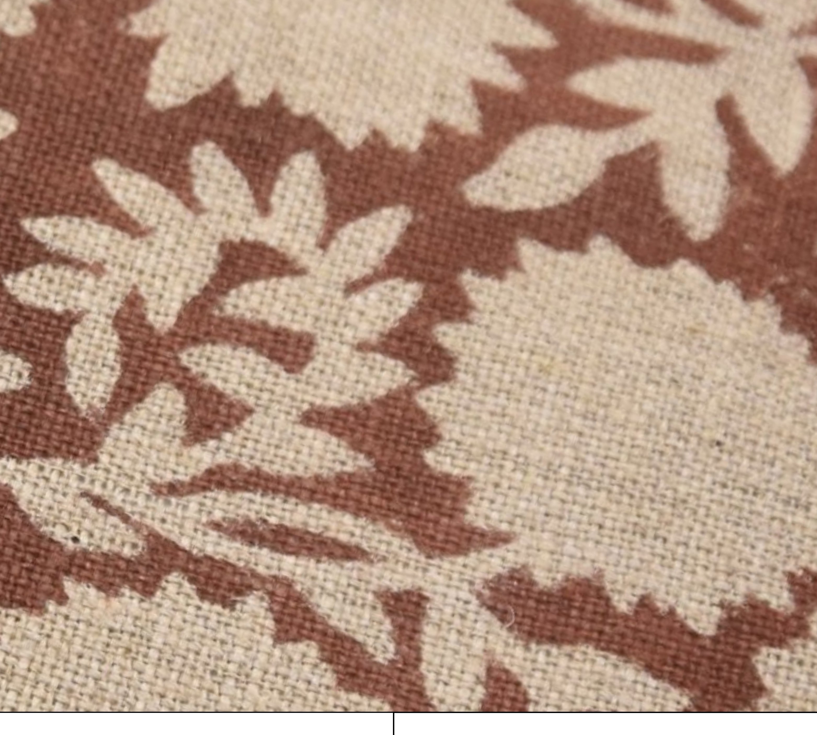 Close-up of fabric with leaf pattern and text indicating print name Rajat