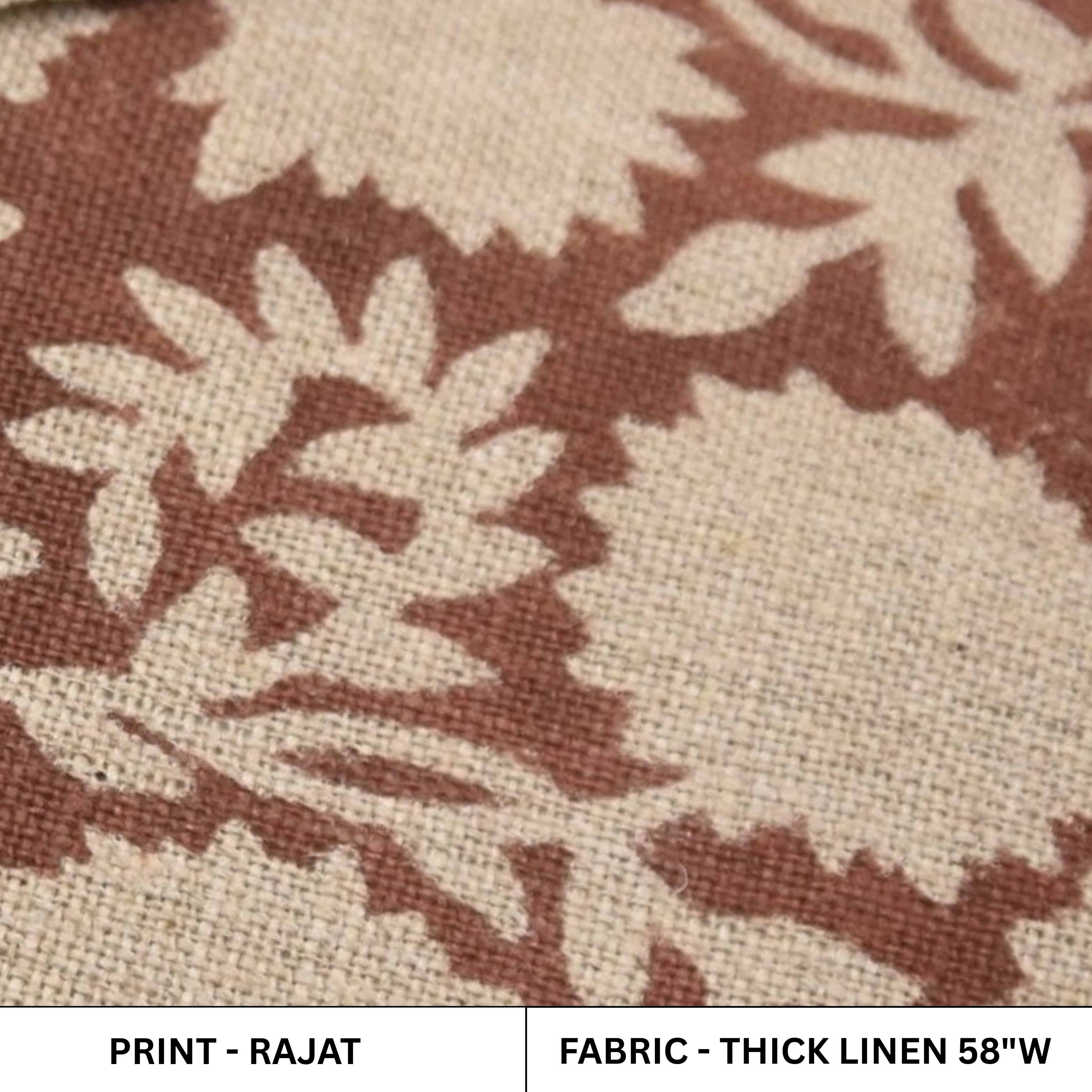 Close-up of fabric with leaf pattern and text indicating print name Rajat