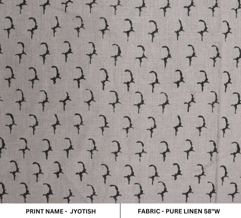 Rustic Handmade Block Print Beige & Grey Pure Linen Fabric -Jyotish
