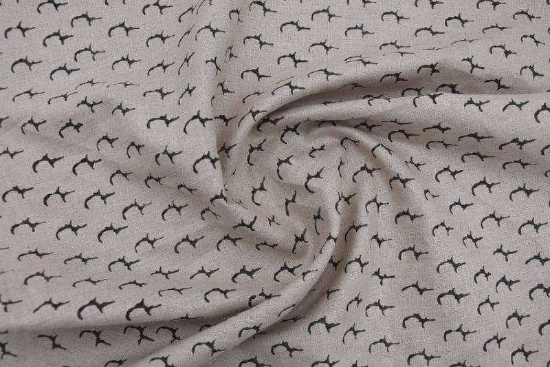 Rustic Handmade Block Print Beige & Grey Pure Linen Fabric -Jyotish