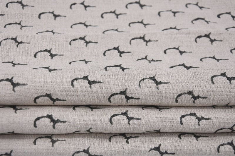 Rustic Handmade Block Print Beige & Grey Pure Linen Fabric -Jyotish