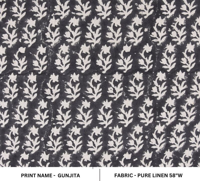 Traditional Hand Block Print Grey Pure Linen Fabric - Gunijta