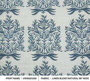 Linen blend fabric with blue floral pattern on a light background
