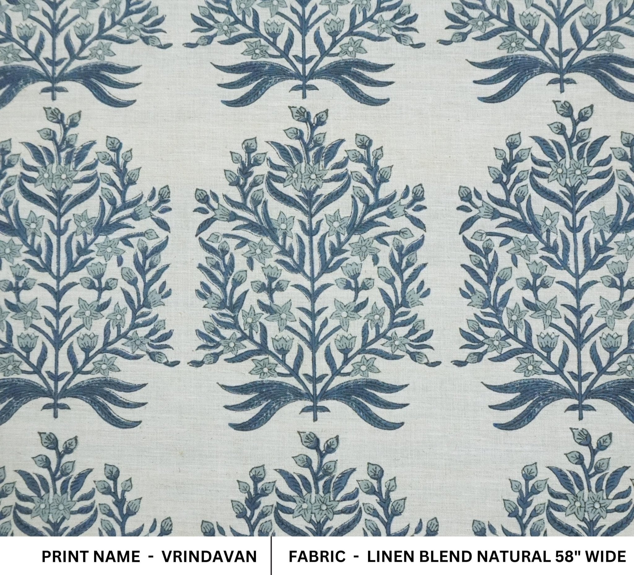 Linen blend fabric with blue floral pattern on a light background