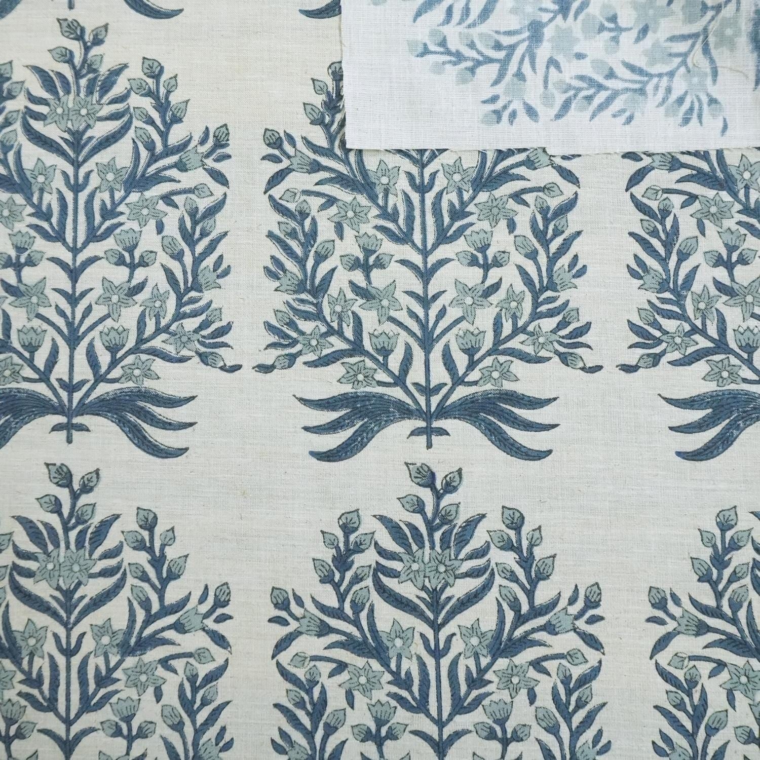Patterned fabric with blue floral design on a white background