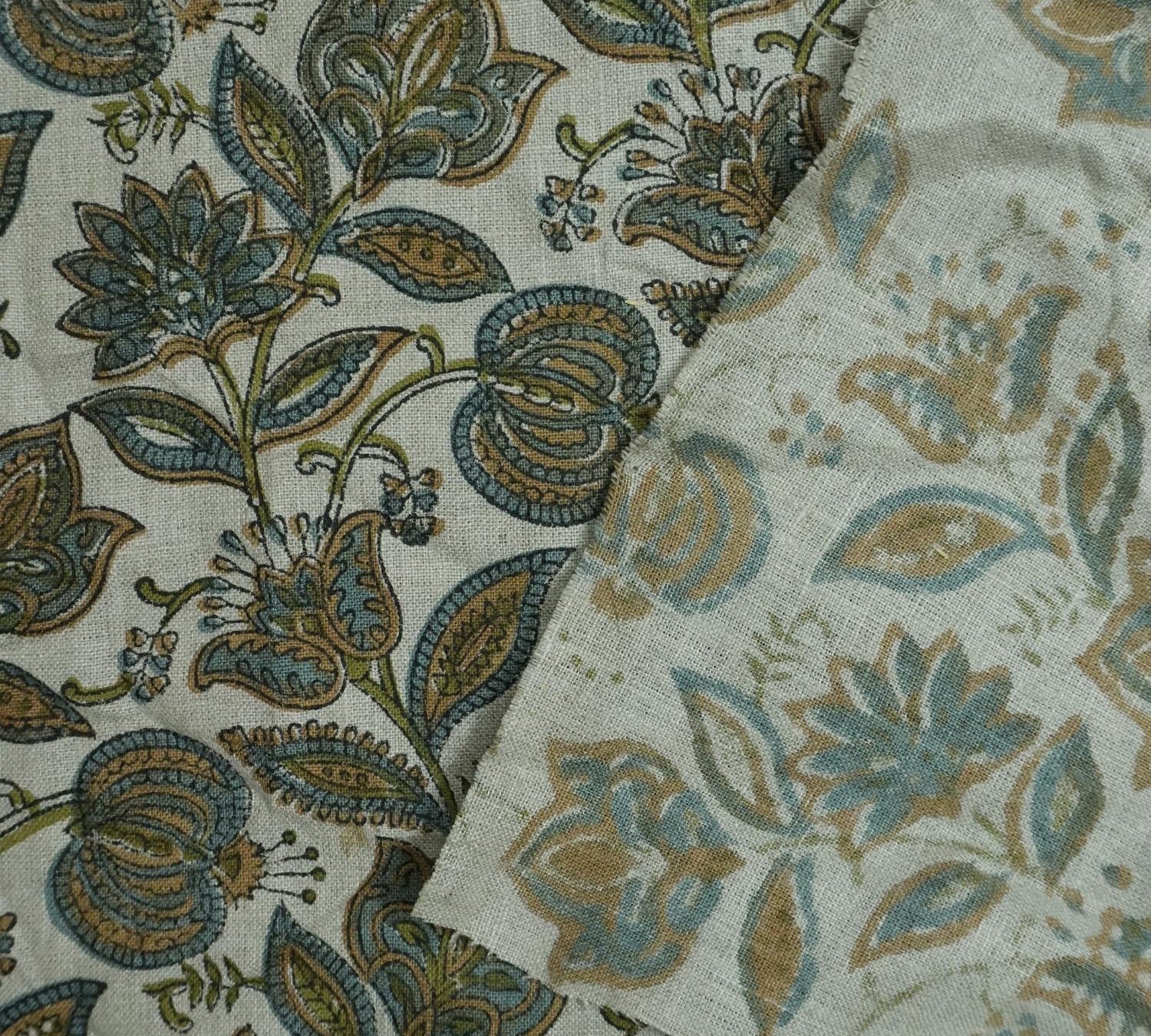 Linen Block Print Fabric 58 Inch Width Medium Weight Linen Natural Base Color Curtains and Drapes Upholstery Handmade Art Pillow Covers Tablecloths and Runners Bedding Tote Bag Lampshades by Fabritual